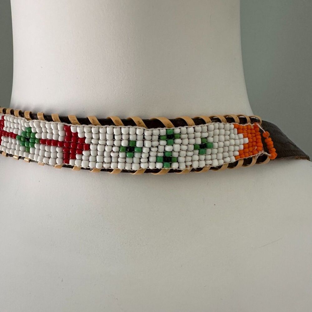 Vintage Beaded Western Belt Seed Bead Geometric Thunderbird Southwestern Boho - Picture 6 of 15